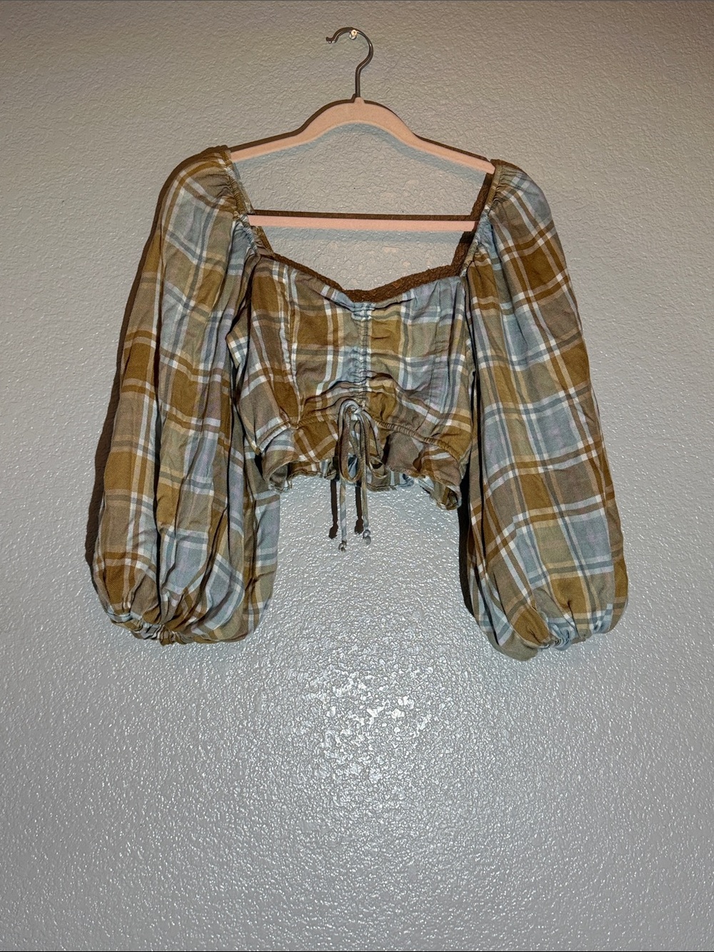 Show Me Your Mumu Mustard and Light Blue Plaid Puff-Sleeve Cropped Top